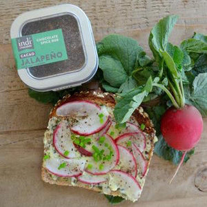 A great way to enjoy fresh radishes is with indi chocolate Jalapeño Spice Rub Toast. This easy to follow indi chocolate recipe makes a quick snack more enjoyable. Enjoy!