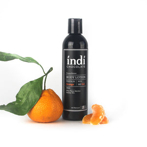 indi chocolate Orange Body Lotion - 8 oz - Made with the same cocoa butter we use to make our bean to bar chocolate, this lotion is a real treat. Made with great ingredients, this lotion absorbs well without leaving a greasy residue. Great for everyone on your list, including you. Great for individual, corporate, holiday and gift giving.