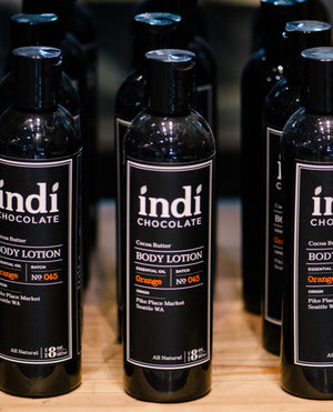 indi chocolate lotion is made from the fewest and best ingredients to give you the best experience on your skin.  A real treat and great for anyone on your list. Absorbs well without feeling greasy.