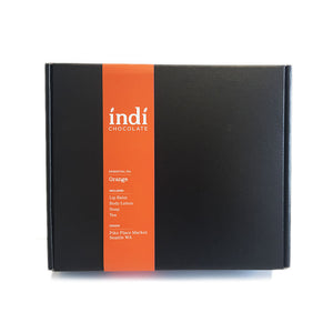 indi chocolate Orange Gift Set is all wrapped up and ready to gift. This is a great individual, corporate self and holiday gift.  A great gift for under the tree, as well.