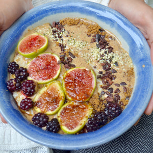 Fig and almond butter oatmeal with cacao nibs