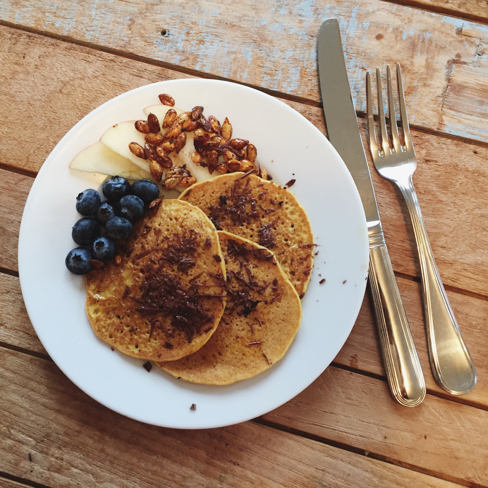 butternut squash molé pancakes with sage brown butter