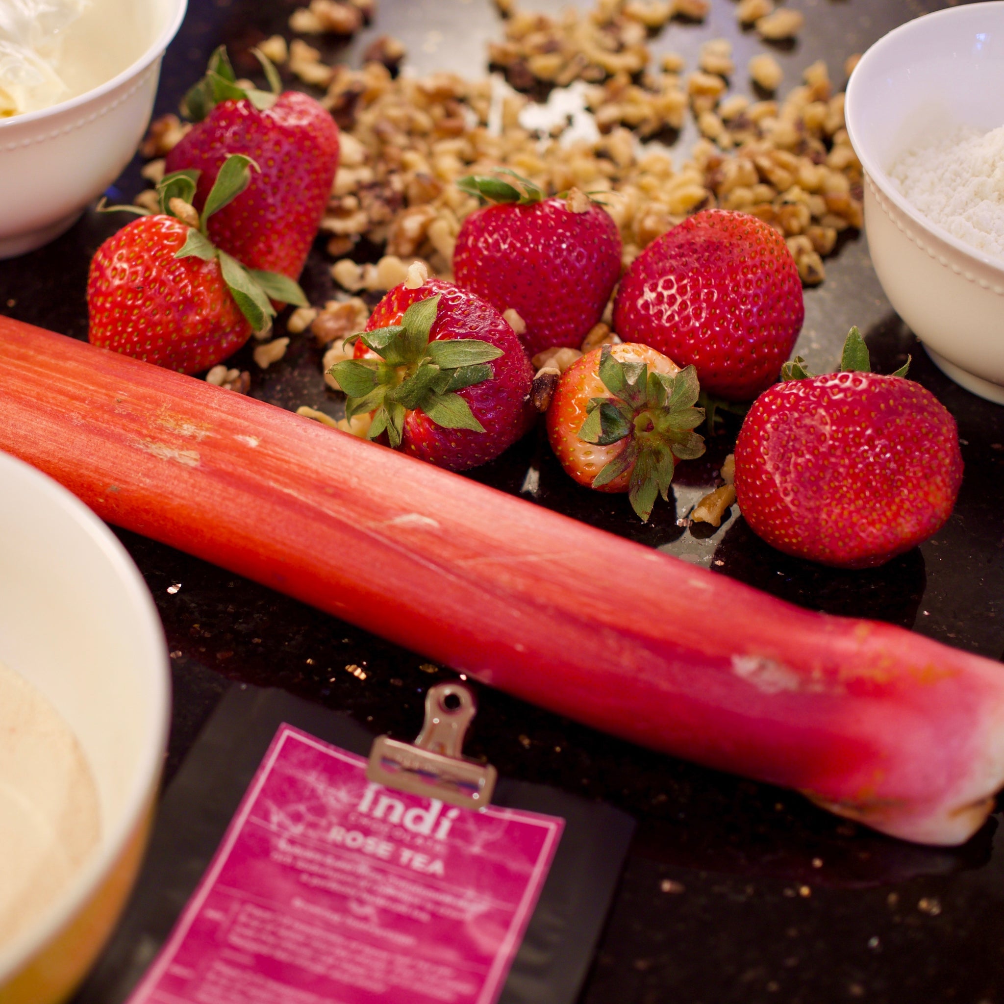 Strawberry rhubarb crumble will be a new summer favorite with indi chocolate Rose Tea in this easy recipe.