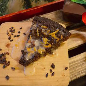 indi chocolate Gingerbread Cacao Nib Cake with Bourbon Maple Glaze