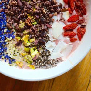 Earl Grey Coconut Smoothie Bowl with indi chocolate Cacao Nibs can also use indi chocolate Lavender or Rose Tea