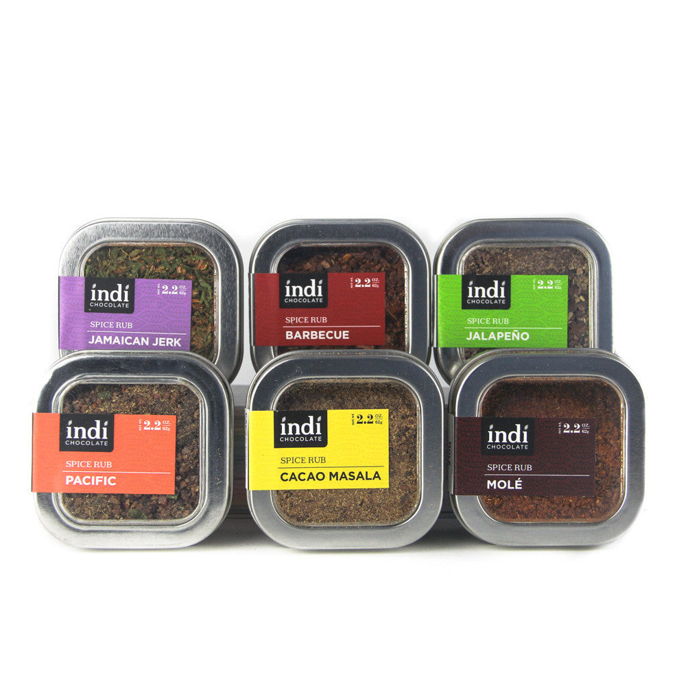 indi chocolate Spice Rub 6 Pack Gift Set includes each delicious savory cacao spice rub made by the Chocolate Maker of Pike Place Market located at the top of Seattle's Overlook Walk. Recipes available on the tin and on the indi chocolate website. Come try the Molé Caramel Coffee Cake and Molé Caramel Latte and other bespoke drinks at the indi chocolate cafe.
