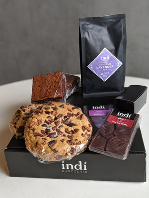 Show how much you care with an indi chocolate Care Package. The perfect gift for all. Enjoy this chocolate goodness with  indi chocolate Lavender Tea. Brownies, cookies, truffles and chocolate bars too.